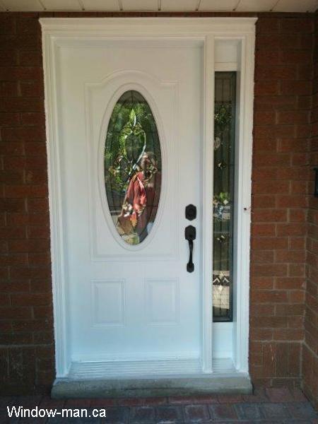 Entrance front door replacement. Single entry steel insulated white oval glass and sidelight full glass. Yorkshire Classic stained glass catalog. Professional installation